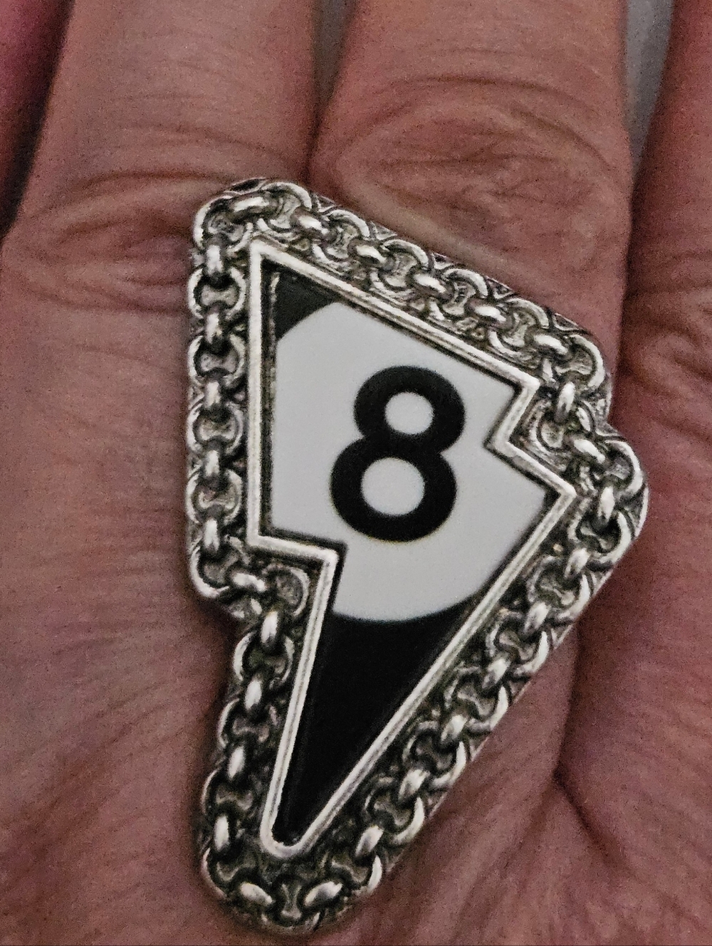 THUNDER BOLT BLACK AND WHITE 8 BALL RING STRETCH ADJUSTABLE 7-9